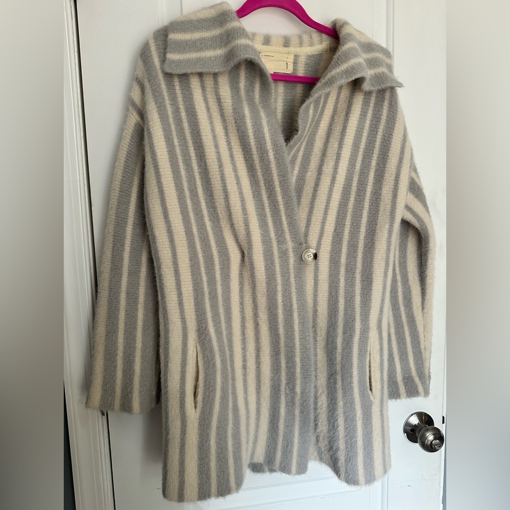 Anthropologie Moth Gray and Cream Striped Jacket Sweater Coat Shacket XS